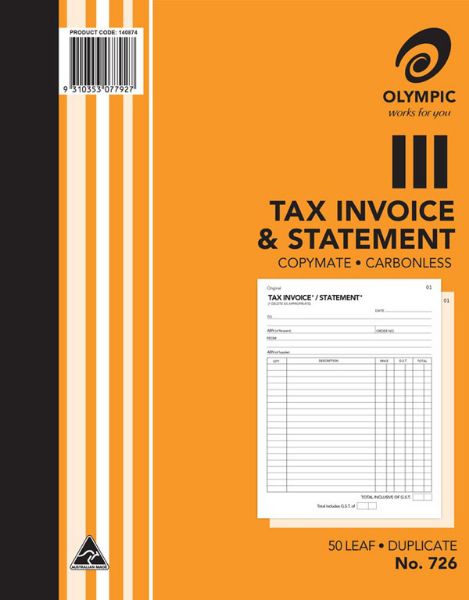 Picture of INVOICE BOOK OLYMPIC 726 DUP C/LESS 10X8 50LF