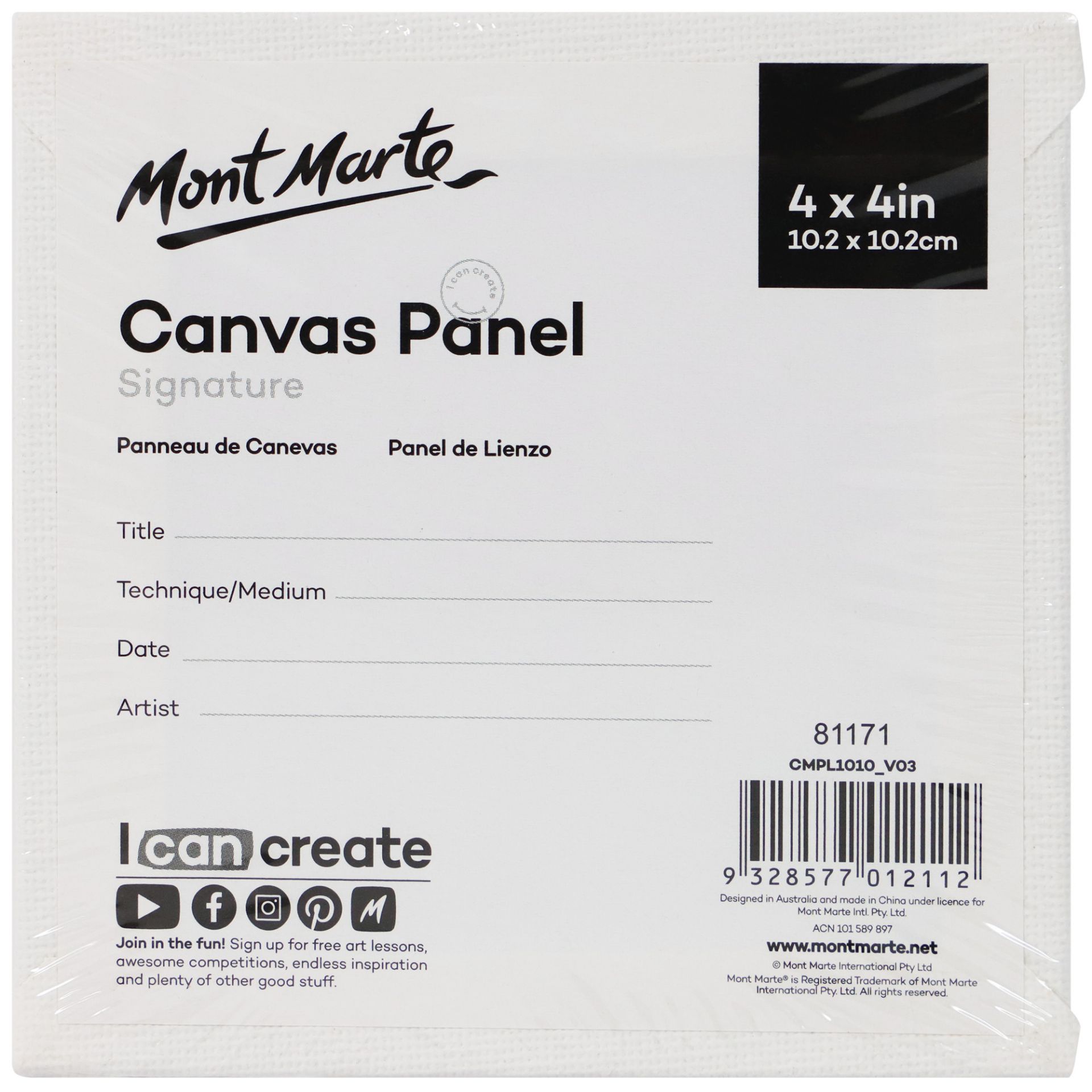 Mont Marte Canvas Panels Pkt 5 10.2x10.2cm Nextra Dianella