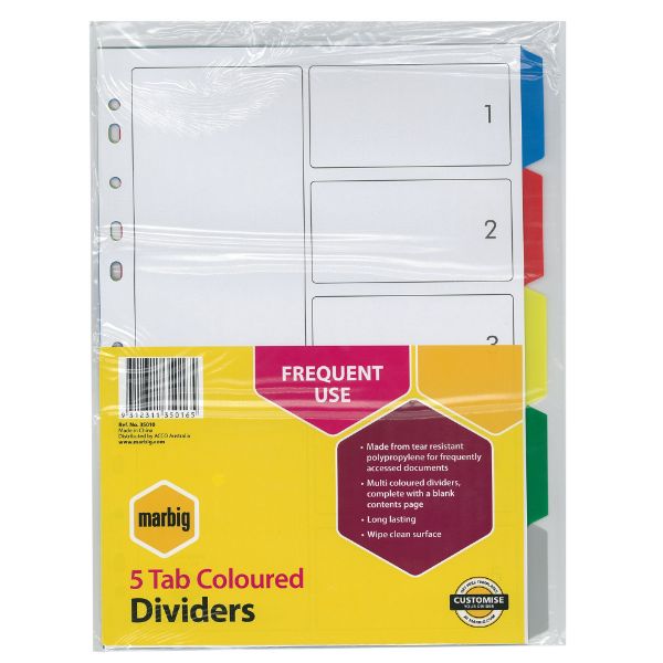 Picture of MARBIG INDICES & DIVIDERS 5 TAB PP A4 MULTI COLOUR