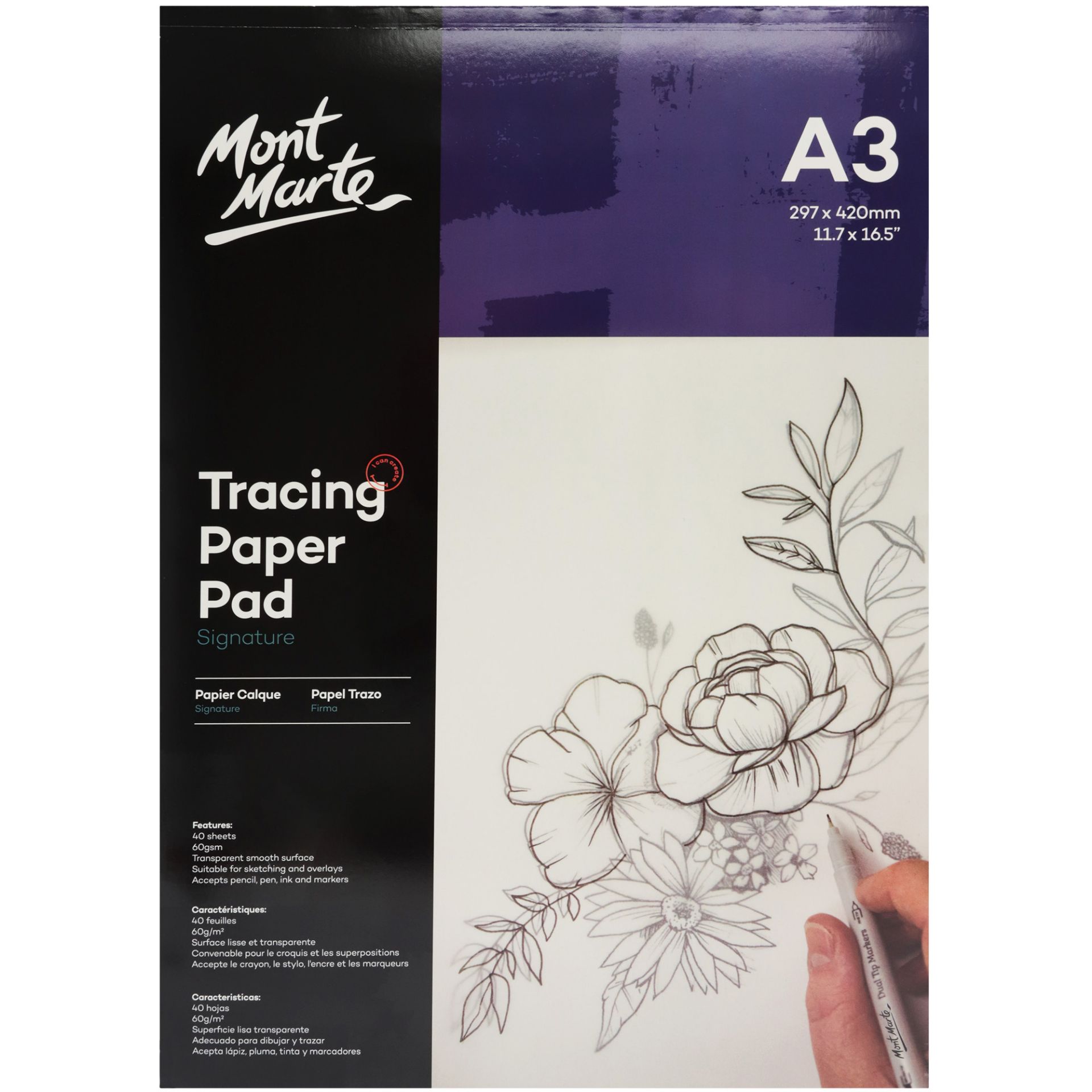 Mont Marte Tracing Paper Pad 40 sheet A3 Nextra Dianella